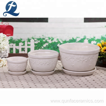 Set of 3 Ceramic Embossed Flowerpot